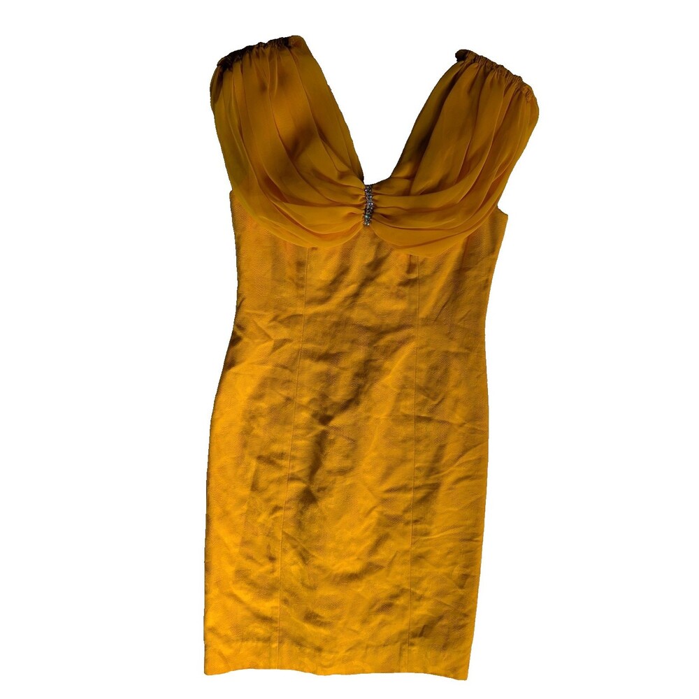 Leslie Fay Vintage Yellow Strapless Cocktail Dress Size 8 Chiffon Bow Mini